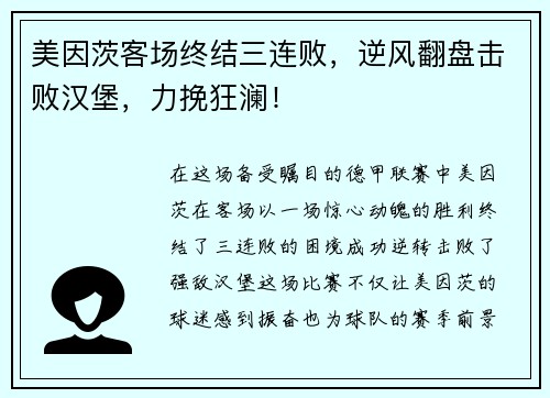 美因茨客场终结三连败，逆风翻盘击败汉堡，力挽狂澜！
